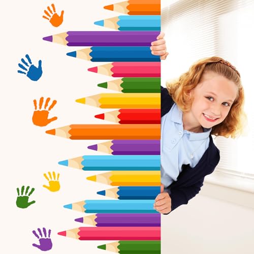 Colorful Pencil and Handprint Wall Decals - 47 Pcs Peel and Stick Decor