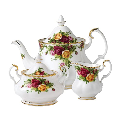 Royal Albert Old Country Roses 3-Piece Tea Set (Teapot, Sugar & Creamer) - Elegant Floral China