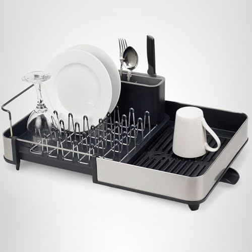 Joseph Joseph Extendable Dish Drying Rack with Dual Parts - Stainless Steel, Non-Scratch, Movable Utensil Drainer & Drainage Spout, Gray
