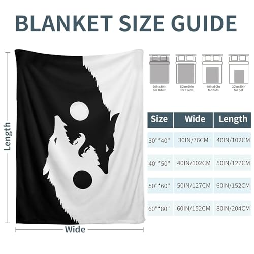 Twin Yin Yang Wolf Fleece Throw Blanket 60x80in - Super Soft Cozy Plush Mini Microfiber