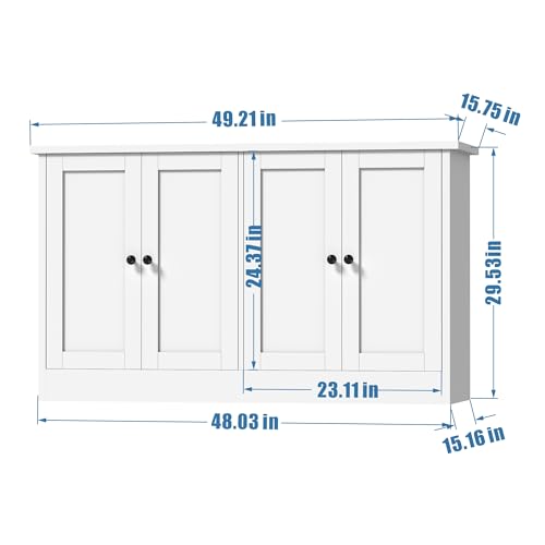 49-Inch White Buffet Cabinet with 4 Doors and Adjustable Shelves
