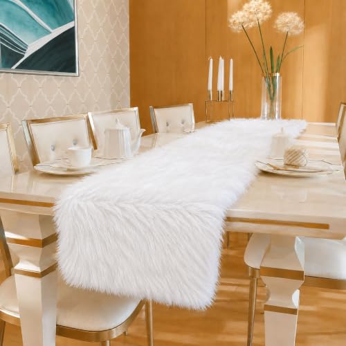 White Faux Fur Table Runner 11.8 x 59.0 Inch - TopAufell Christmas Holiday Decor