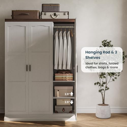 3-Door Wardrobe Closet with Mirror, Adjustable Shelves and Hanging Rods