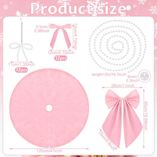 Pink Pearl Christmas Tree Decorations Set 31 Pcs with Velvet Bows, Pearls & Tree Skirt