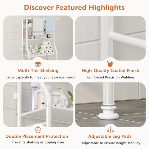 3-Tier Over-the-Toilet Storage Rack with Towel Bar, White Iron Shelf