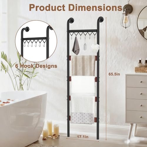 5-Tier Wall-Leaning Blanket Ladder Rack with Hooks, Rustic Storage Shelf