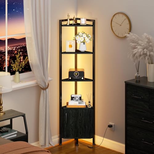 5-Tier Corner Bookshelf with LED Lighting and Storage Cabinet, 62.8-Inch Tall