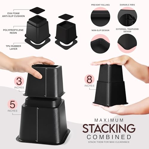 Adjustable Heavy Duty Bed Risers - 3 & 5 Inch Stackable Lifters, 4-Pack, Black