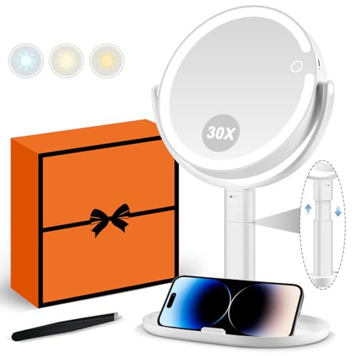 MIYADIVA White Makeup Mirror with Lights, 30X Magnification, Touch Control, Rechargeable Vanity with 3 Color Modes & 80 LEDs