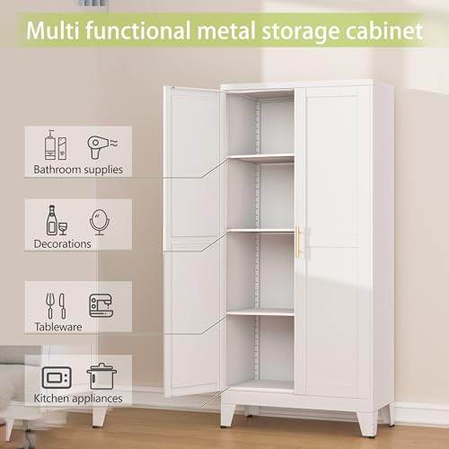 White Metal Kitchen Pantry Cabinet with 2 Doors & Adjustable Shelves