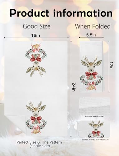 GDJIEGBC Christmas Deer Kitchen Towels Set - Red Bow & Reindeer Pattern, 16x24 Inch, Vari-03