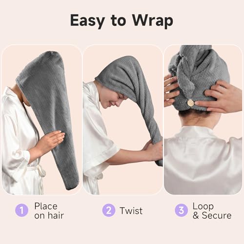 Umisleep 2-Pack Microfiber Hair Towels for Thick, Curly Hair - Grey & White, 400 GSM