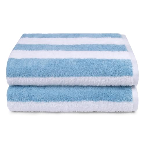 Large 30x60 Cabana Stripe Beach Towels, 100% Cotton, 2-Pack - Sky Blue