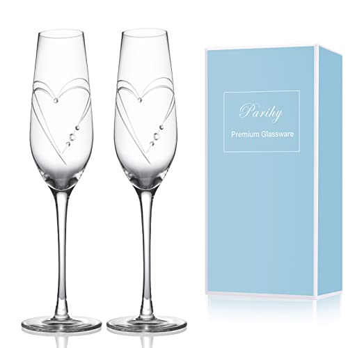 Love Heart Champagne Flutes Set of 2 - Bride & Groom Wedding Toasting Glasses with Crystals, Hand-Blown Crystal Glassware, Parihy