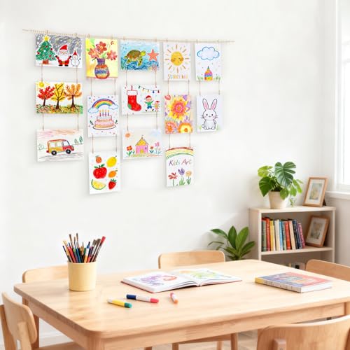 Kids Artwork Wall Display, Boho Wooden Bead Garland with 34 Clips