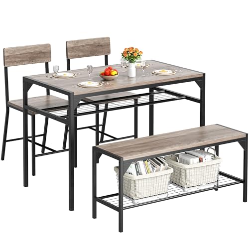 4-Piece Dining Table Set with Bench and Chairs, Oak Gray Small Space Table