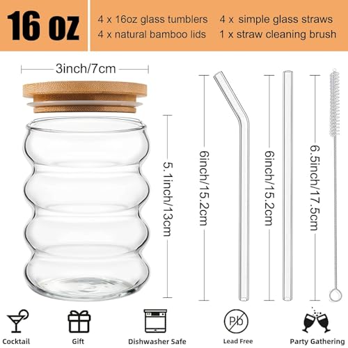 16 oz Wave Shape Drinking Glasses with Lids and Straws - Set of 4