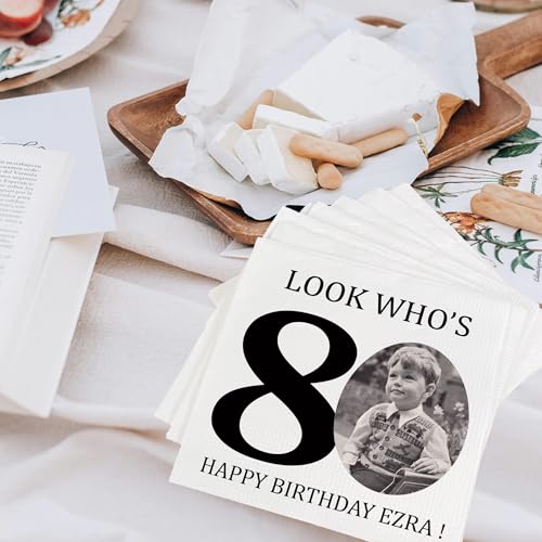 Personalized 80th Birthday Photo Napkins - Look Who's 80 Party Supplies, Cocktail & Beverage Size, Customizable