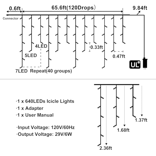 Nielfoi 66ft Warm White Outdoor Icicle Lights with 640 LEDs, 8 Modes, Waterproof