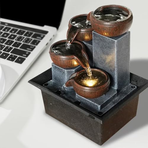 4-Tier Indoor Desktop Fountain with Warm LED Lights and Adjustable Pump