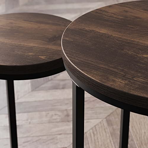 Round Nesting Side Table Set of 2, Modern Metal and Wood Accent End Tables