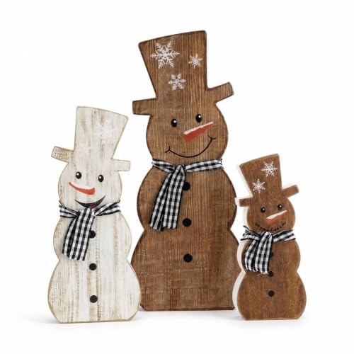 Set of 3 Rustic Wooden Snowman Christmas Table Decorations - Farmhouse Holiday Decor