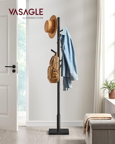 Solid Wood Coat Rack, Free Standing Hall Tree with 8 Hooks, Black