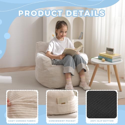 Kids Bean Bag Chair with Side Pocket - Beige Corded Foam Floor Sofa