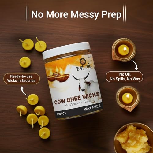Pure Cow Ghee Wicks for Puja & Diwali - 150 Pack Readymade Diya Jyot