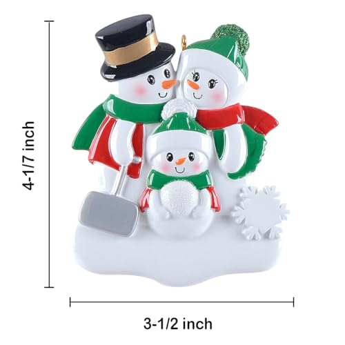Personalized Snowman Family of 3 Christmas Ornament with Snow Shovel - Holiday Decor