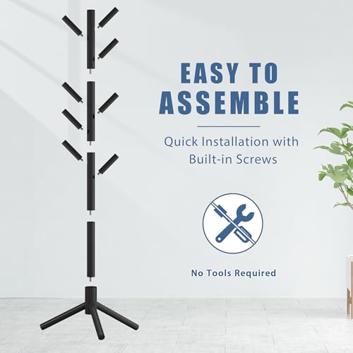 Adjustable Wooden Coat Rack Stand with 8 Hooks, Freestanding Pine Tree