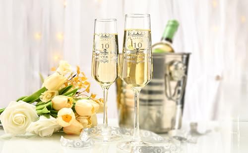 10th Anniversary Champagne Flutes Set of 2 - Elegant Hand-Blown Crystal Glasses, 7 OZ