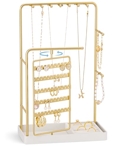 Rotating Jewelry Stand Organizer with 5-Tier Earring Holder and Ring Tray