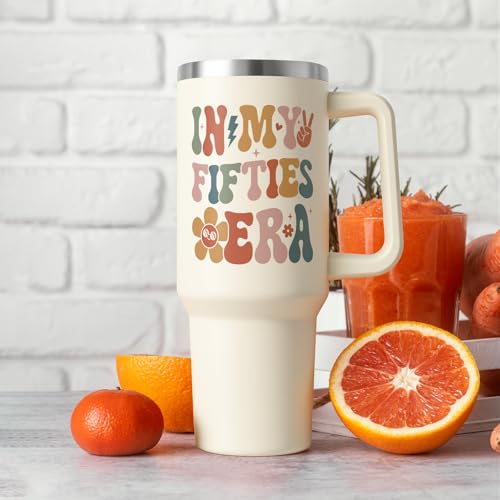 50th Birthday Gift Tumbler for Her 40oz Stainless Steel with Handle & Straw - 50s Era