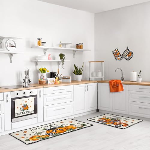10-Piece Fall Kitchen Decor Set: Pumpkin Oven Mitts, Pot Holders, Towels, Rugs