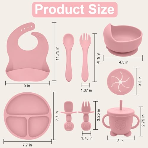 Silicone Baby Feeding Set with Suction Plate, Bowl, Bib and Utensils Pink