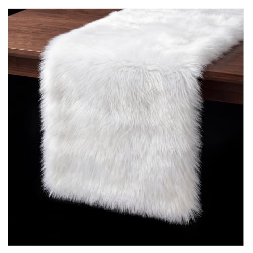 MAOFENG Faux Fur Table Runner 59.1in White Luxury Christmas Home Decor