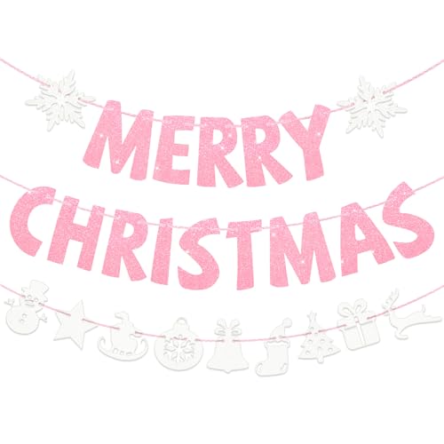Pink Merry Christmas Banner Decorations Set - Indoor Holiday Wall Signs, Includes 3 Pre-Assembled Pink/Classic Variations