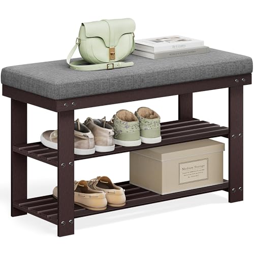 3-Tier Bamboo Shoe Bench with Padded Seat, Entryway Shoe Rack Organizer