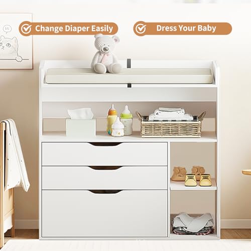 White Pipleo Baby Changing Table Dresser with 3 Drawers & Shelves