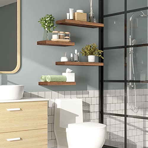 Rustic Brown Floating Wall Shelves, 15.7-Inch Wood Display Ledges - Set of 2