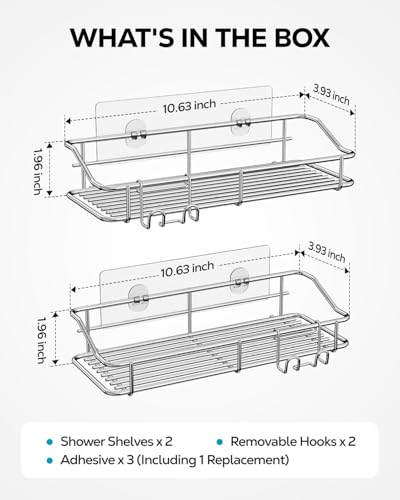 Nieifi 2-Pack Silver Shower Caddies Adhesive Bathroom Shelves, Rustproof Stainless Steel