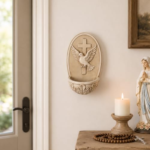 Catholic Holy Water Font for Wall - Resin Cross and Dove Blessing Bowl, 6.8 In