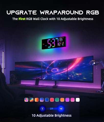 16.5" Large Digital Wall Clock with 11 RGB Lights, BT Sync & Remote Control