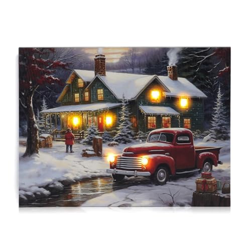 Nikky Home 16 x 12 LED Lighted Christmas Canvas Wall Art – Red Truck & Snow House