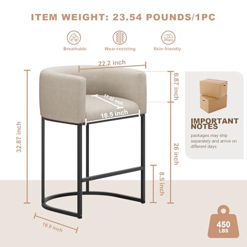 26-Inch Modern Barrel Counter Stools Set of 2, Linen Fabric Upholstered