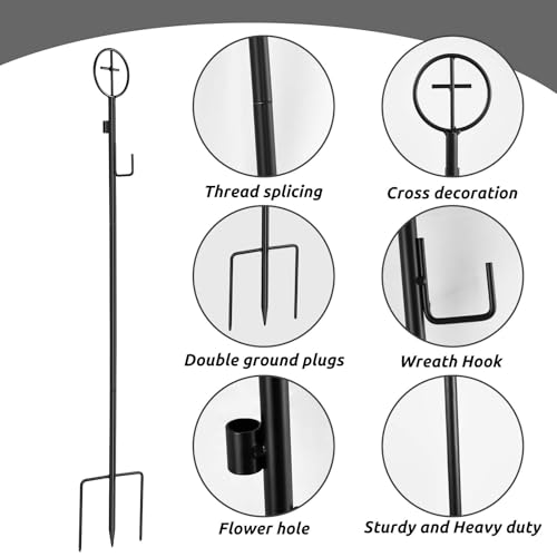 2 Pack Black Wreath Stakes 36-Inch Cemetery Wreath Stand with Cross - Adjustable Height