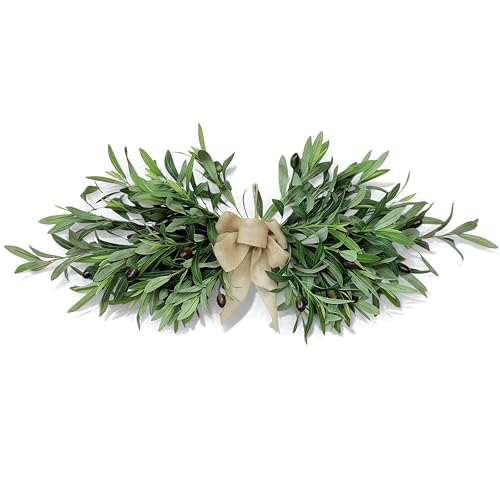 26-Inch Artificial Olive Leaf Swag with Burlap Bow for Farmhouse Decor