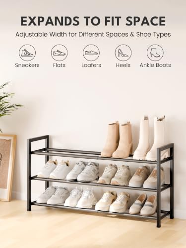 3-Tier Expandable Metal Shoe Rack Organizer, 18"-33" Adjustable (Black)