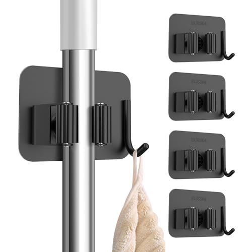4 Pack Stainless Steel Self Adhesive Broom and Mop Holder Wall Mount